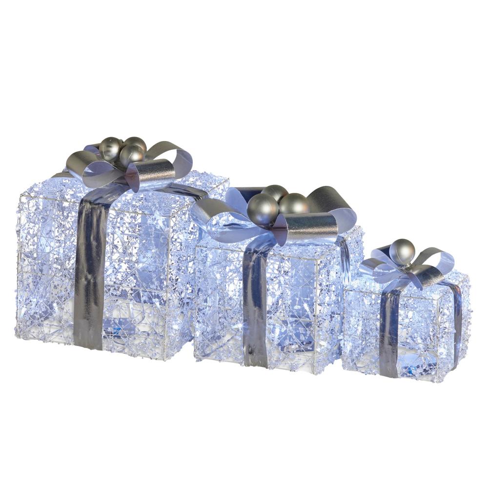 Swishmas Set Of 3 Christmas Gift Boxes With Lights Jewelled Wire And Silver Bows