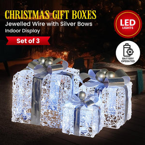 Swishmas Set Of 3 Christmas Gift Boxes With Lights Jewelled Wire And Silver Bows