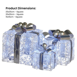 Swishmas Set Of 3 Christmas Gift Boxes With Lights Jewelled Wire And Silver Bows