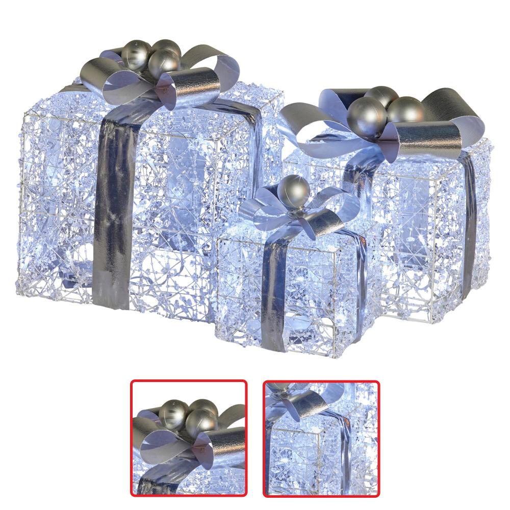 Swishmas Set Of 3 Christmas Gift Boxes With Lights Jewelled Wire And Silver Bows