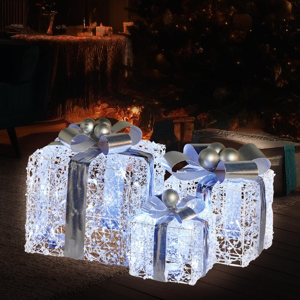 Swishmas Set Of 3 Christmas Gift Boxes With Lights Jewelled Wire And Silver Bows