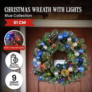 Swishmas 61Cm Blue Collection Multicolour Pre Lit Christmas Wreath