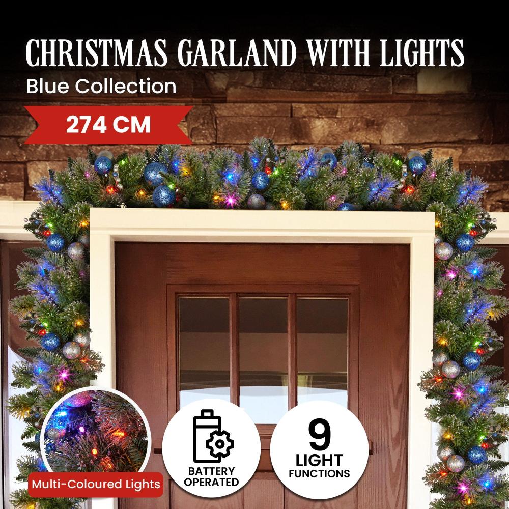 Swishmas 274Cm Blue Collection Multicolour Pre Lit Christmas Garland