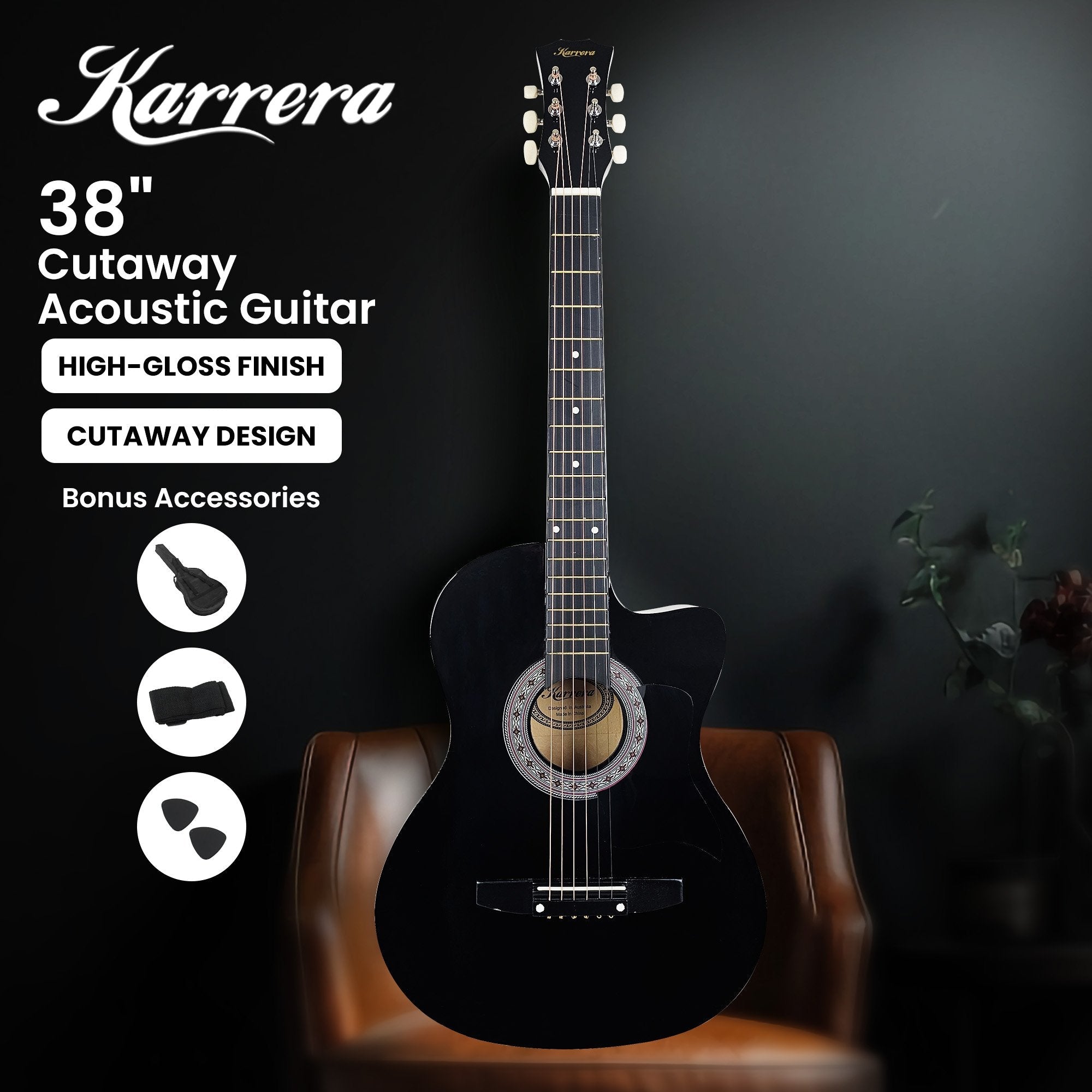 Karrera 38in Cutaway Acoustic Guitar with guitar bag Black