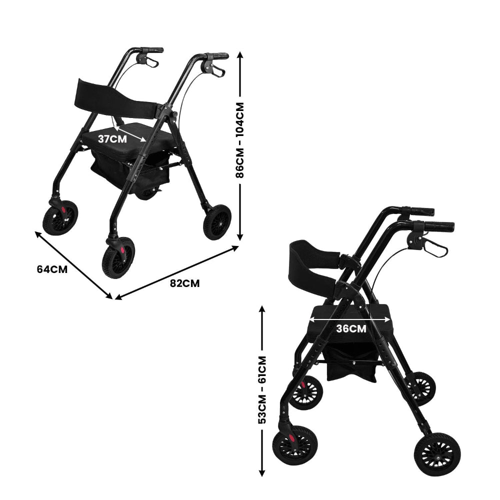 Orthonica Foldable Mobility Steel Rollator 136Kg Max Capacity Black