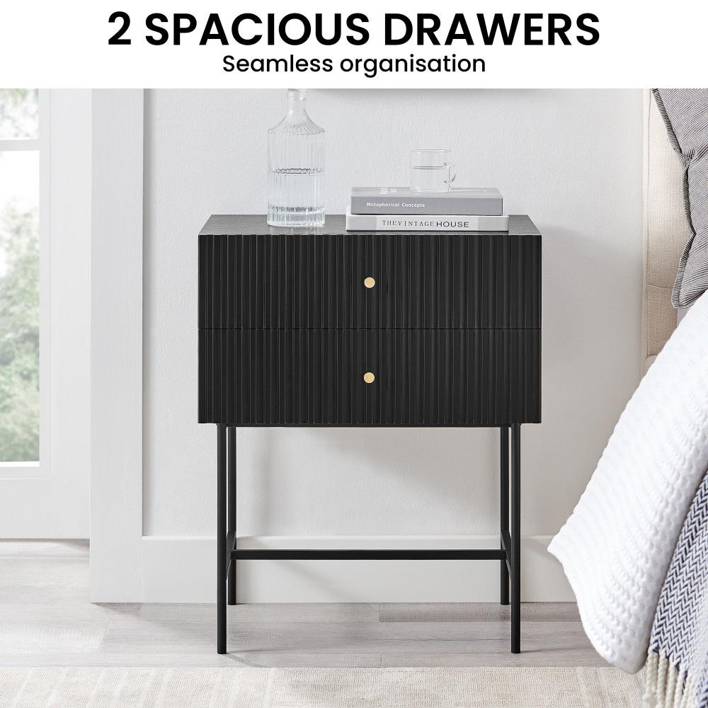 Sarantino Arden Fluted 2 Drawer Bedside Table Night Stand Black