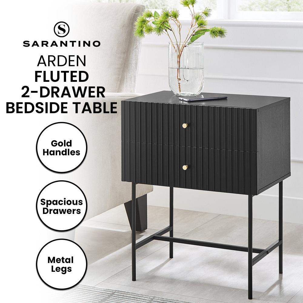 Sarantino Arden Fluted 2 Drawer Bedside Table Night Stand Black