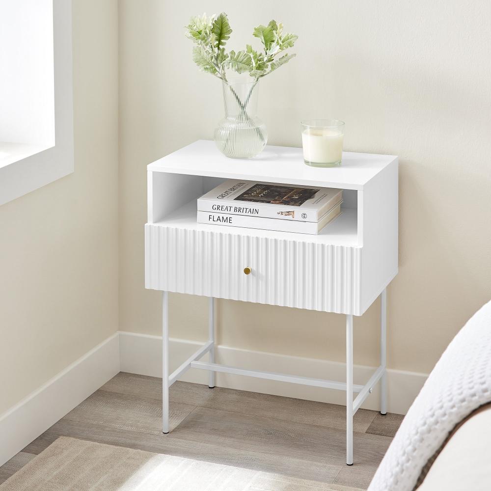 Sarantino Cecil Slender Fluted Bedside Table In White