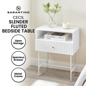 Sarantino Cecil Slender Fluted Bedside Table In White