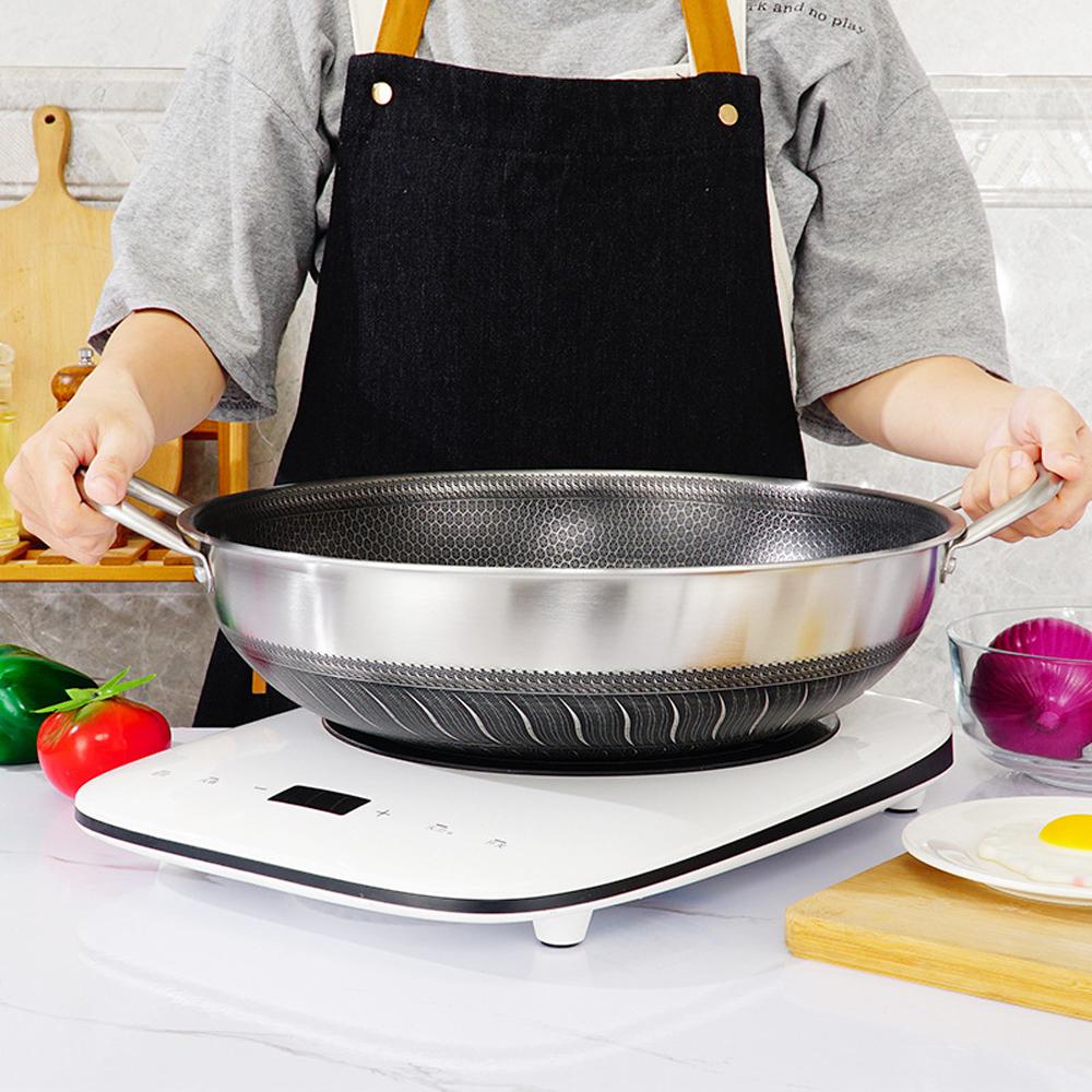 304 Stainless Steel 34Cm Double Ear Non Stick Stir Fry Cooking Kitchen Wok Pan Without Lid Honeycomb Sided