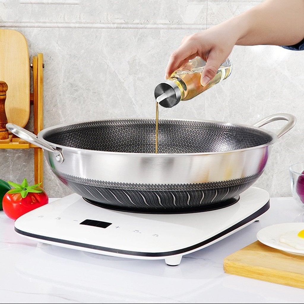 304 Stainless Steel 34Cm Double Ear Non Stick Stir Fry Cooking Kitchen Wok Pan Without Lid Honeycomb Sided