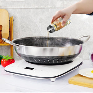 304 Stainless Steel 34Cm Double Ear Non Stick Stir Fry Cooking Kitchen Wok Pan Without Lid Honeycomb Sided