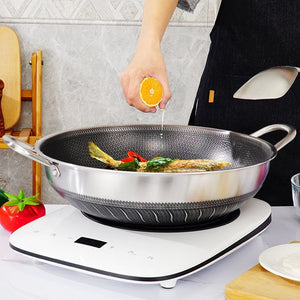 Amazingooh Double Ear 304 Stainless Steel 38Cm Non Stick Stir Fry Cooking Kitchen Wok Pan With Lid Honeycomb Sided