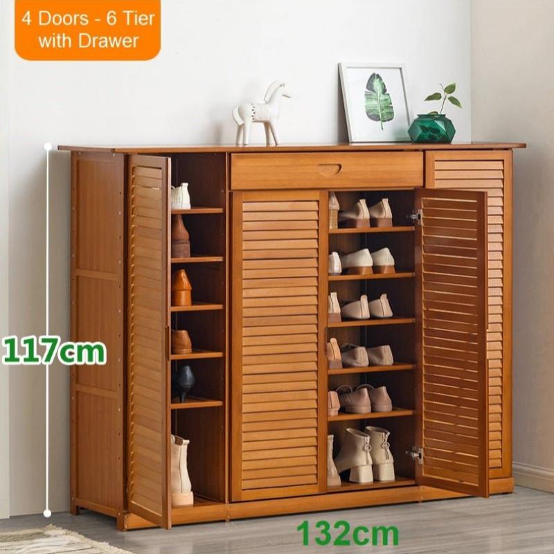 4 Doors 6 Tier With Drawer Bamboo Large Capacity Storage Hallway Shelf Shoe Rack Cabinet