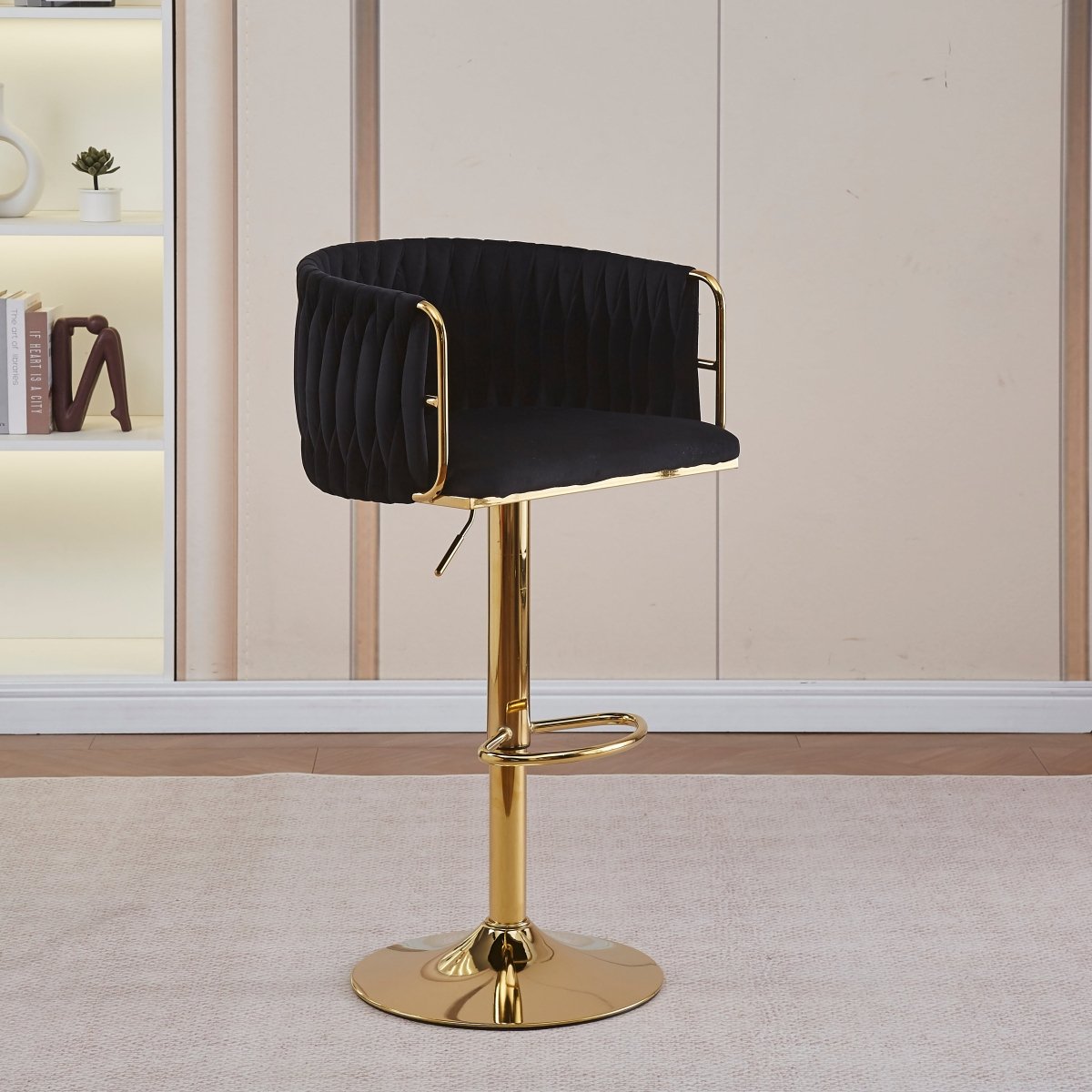 2X Height Adjustable Black Swivel Bar Stool Velvet Golden Round Base Barstools Chairs