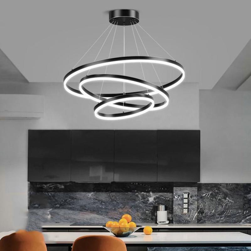 Black 4 Rings Minimalist Led Pendant Light Adjustable Circular Chandelier