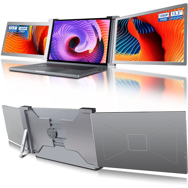 Fopo Dual Triple Fold 1080P Ips Fhd Monitor Screen Extender For Laptop 15 Grey"