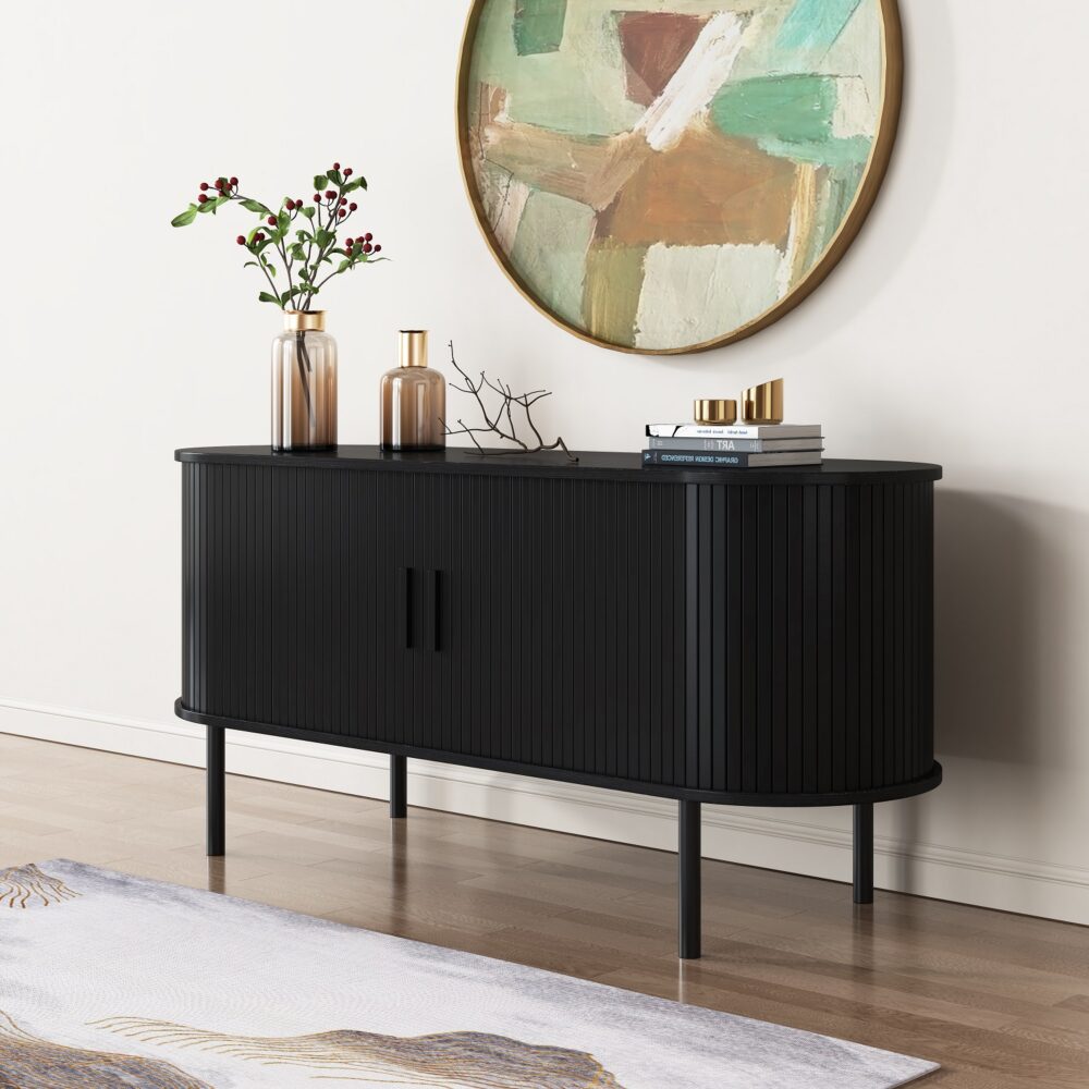 Ribbed Black Sideboard With Sliding Doors