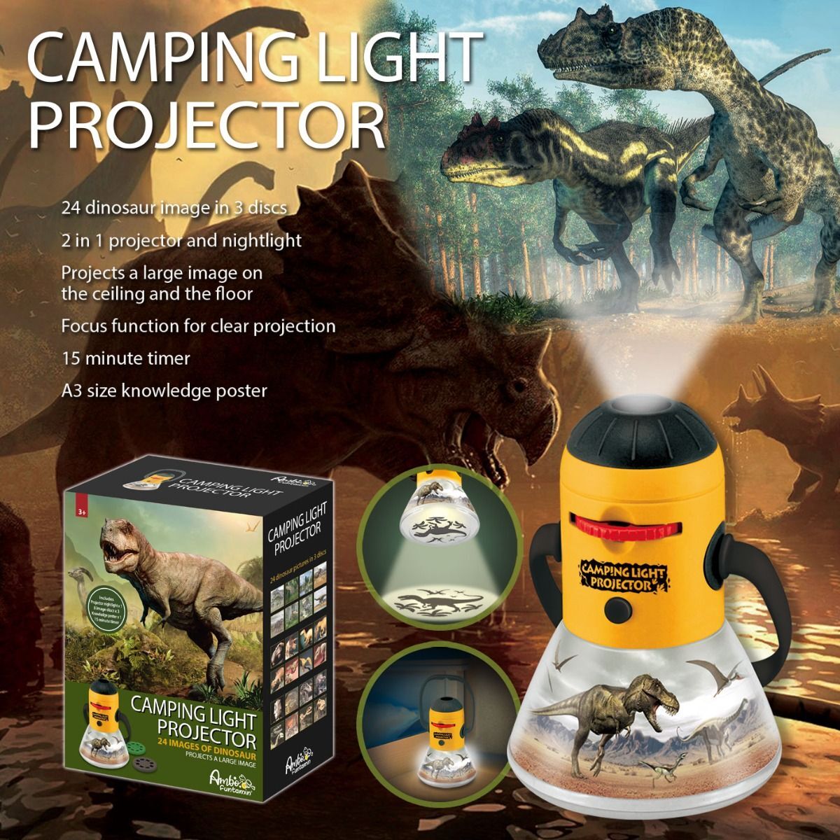 Dinosaur Mini Night Light Camping Projector Lantern Torch Kids Learning Toy