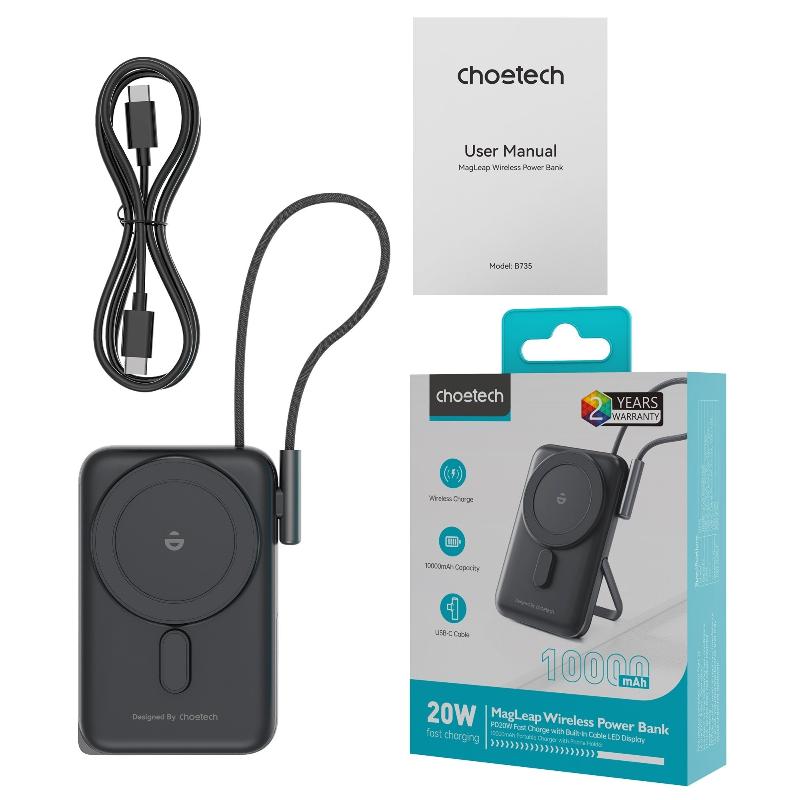 Choetech B735 Bk 10000Mah 20W Magleap Wireless Power Bank Black With Phone Holder And Build In Cable