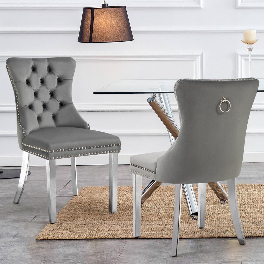 Set Of 2 Alsea Dark Grey Velvet & Silver Steel Dining Chairs Upholstered Tufted Stud Trim And Ring