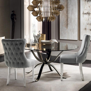 Paris Dark Grey Velvet & Silver Polished Steel Upholstered Dining Chairs Tufted Back Set Of 2