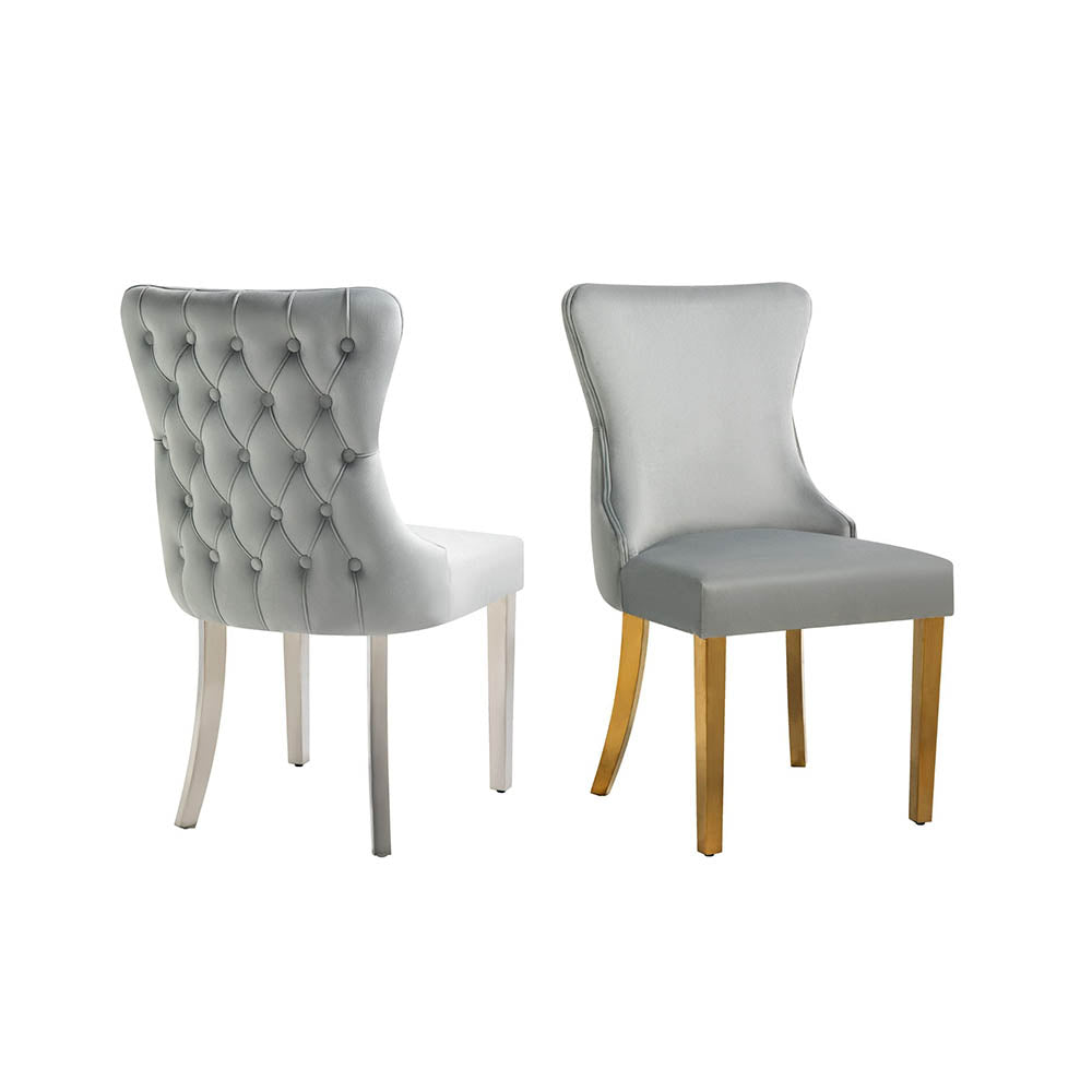 Paris Dark Grey Velvet & Silver Polished Steel Upholstered Dining Chairs Tufted Back Set Of 2