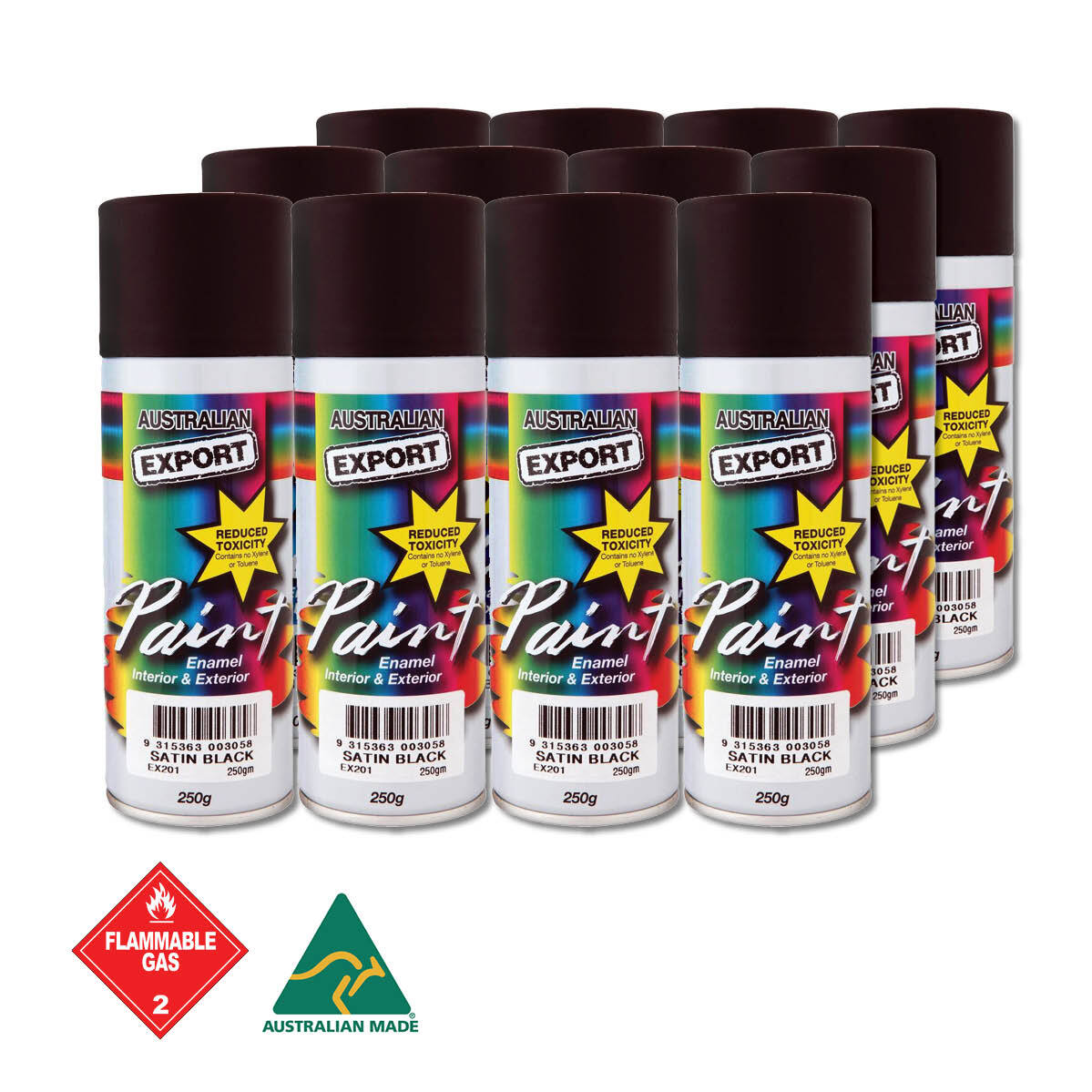 Australian Export 12Pk 250Gm Aerosol Spray Paint Cans [Colour: Black - Satin]