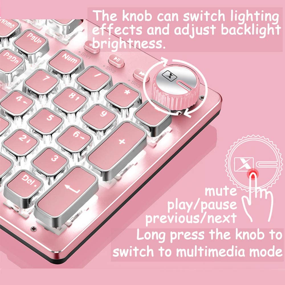 Pink Gaming Mechanical Keyboard Green Switches White Backlight Usb Wired Laptop Desktop Computer