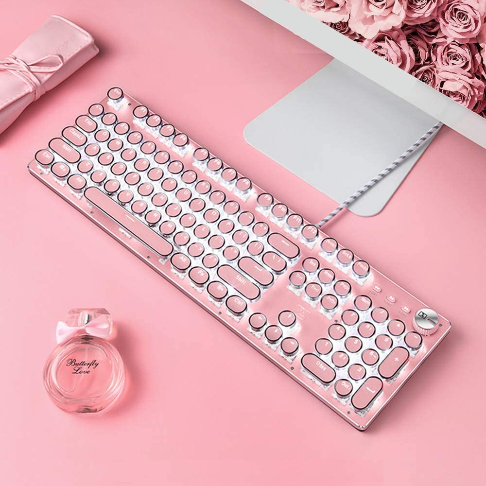 Pink Gaming Mechanical Keyboard Green Switches White Backlight Usb Wired Laptop Desktop Computer