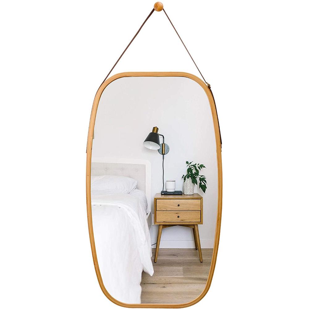 Full Length Bathroom Wall Mount Hanging Bamboo Frame Mirror Adjustable Strap Home Decor