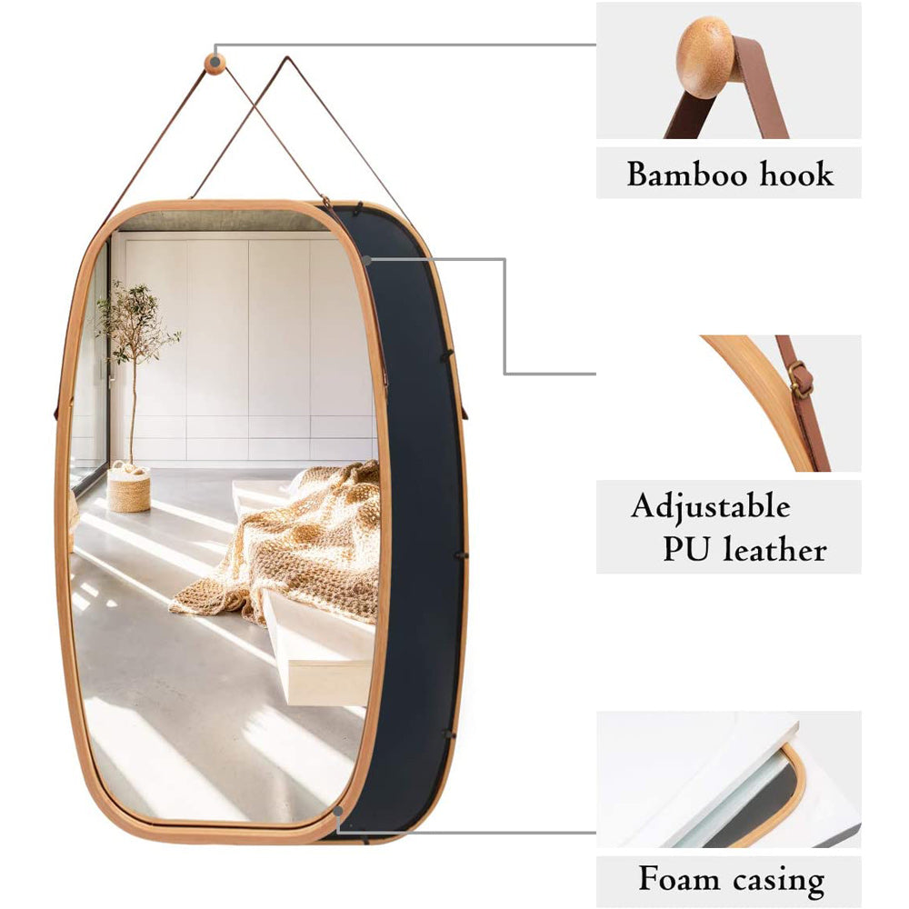 Full Length Bathroom Wall Mount Hanging Bamboo Frame Mirror Adjustable Strap Home Decor