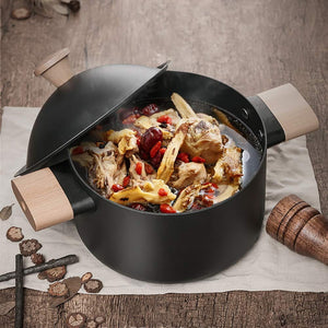 Non Stick Carbon Steel Dutch Oven Soup Pot Pan Frying With Lid Wooden Handle