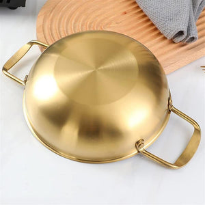 26Cm Gold Seafood Paella Pan With Riveted Chrome Plated Handles Dishwasher Safe