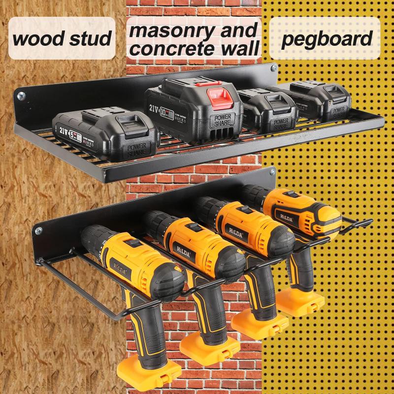 Power Tool Organizer Drill Holder Wall Mount Garage Storage Shelves Rack Set