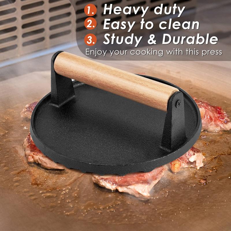 Heavy Duty Round / Rectangle Cast Iron Grill Burger Press Seasoned Steak Griddle Bbq Grilling