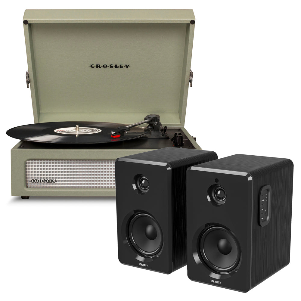 Crosley Voyager Bluetooth Portable Turntable Sage + Bundled Majority D40 Speakers Black