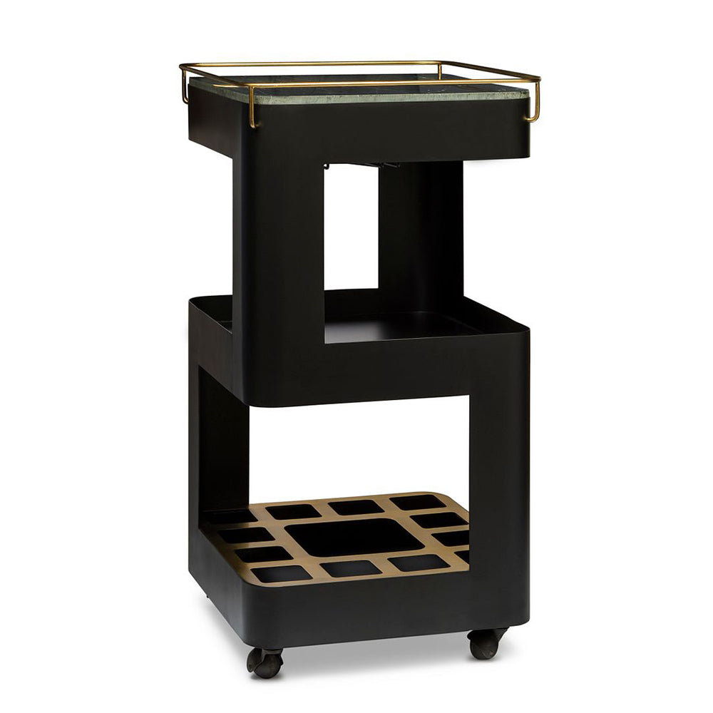 Contemporary Black Gold Drinks Trolley Bar Cart With Marble Top