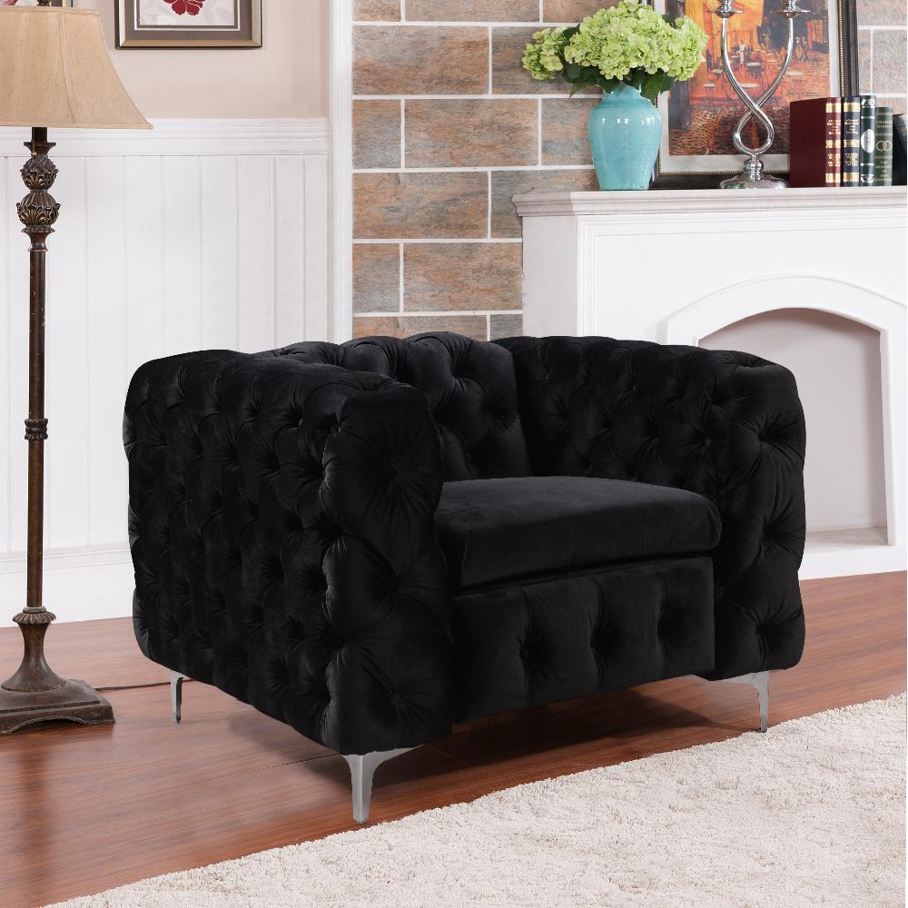 Single Seater Black Sofa Classic Armchair Button Tufted In Velvet Fabric With Metal Legs