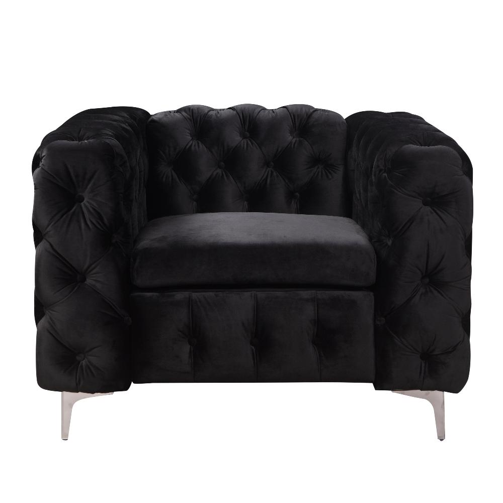 Single Seater Black Sofa Classic Armchair Button Tufted In Velvet Fabric With Metal Legs