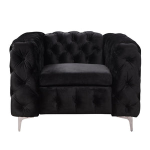 Single Seater Black Sofa Classic Armchair Button Tufted In Velvet Fabric With Metal Legs