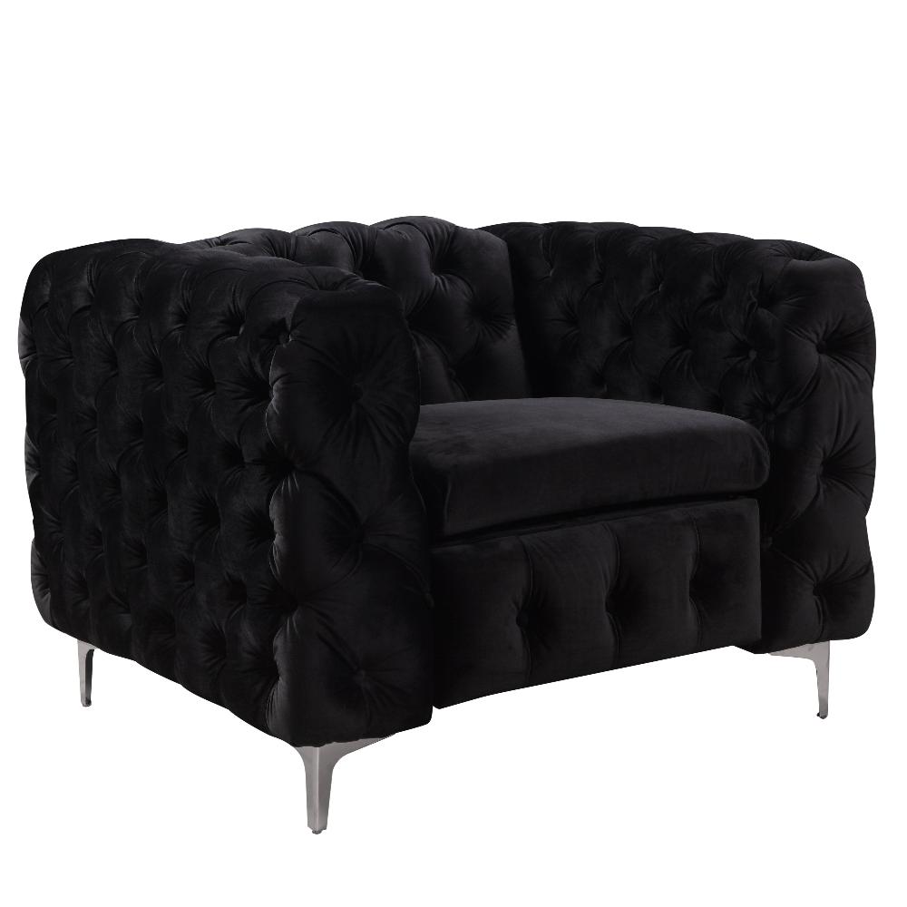 Single Seater Black Sofa Classic Armchair Button Tufted In Velvet Fabric With Metal Legs