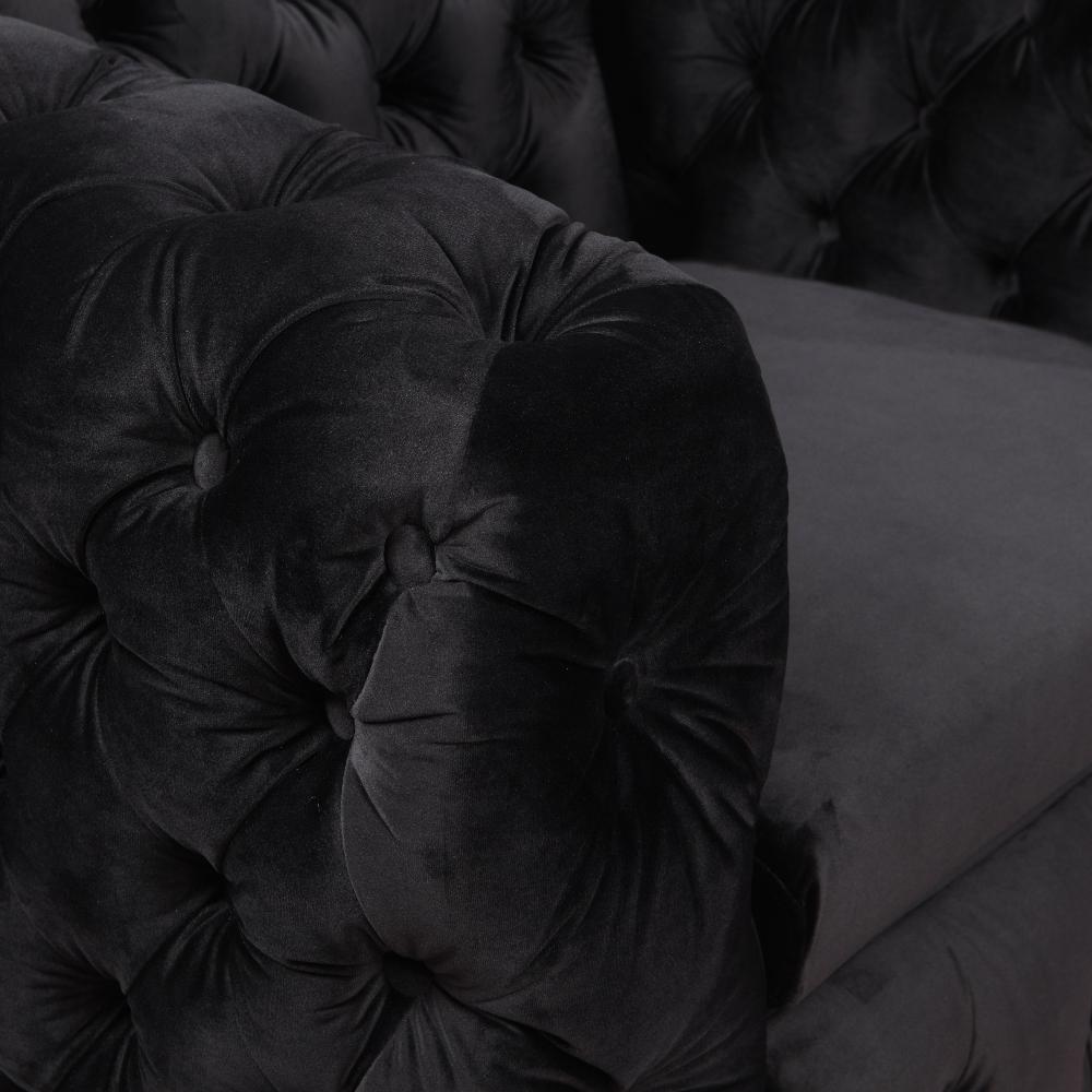 Single Seater Black Sofa Classic Armchair Button Tufted In Velvet Fabric With Metal Legs