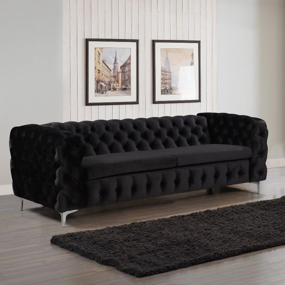 3 Seater Sofa Classic Button Tufted Lounge In Black Velvet Fabric With Metal Legs