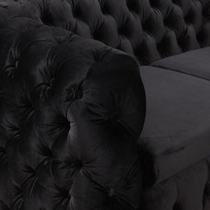 3 Seater Sofa Classic Button Tufted Lounge In Black Velvet Fabric With Metal Legs