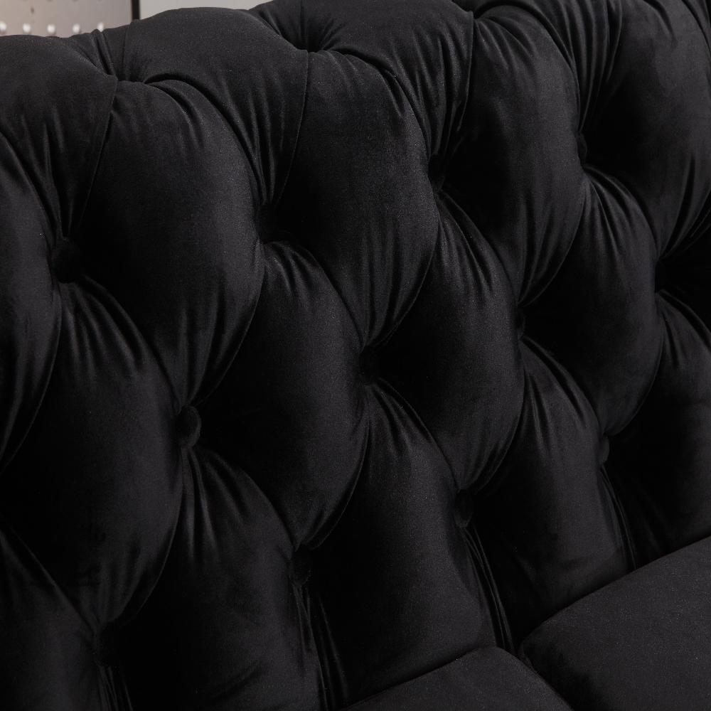 3 Seater Sofa Classic Button Tufted Lounge In Black Velvet Fabric With Metal Legs