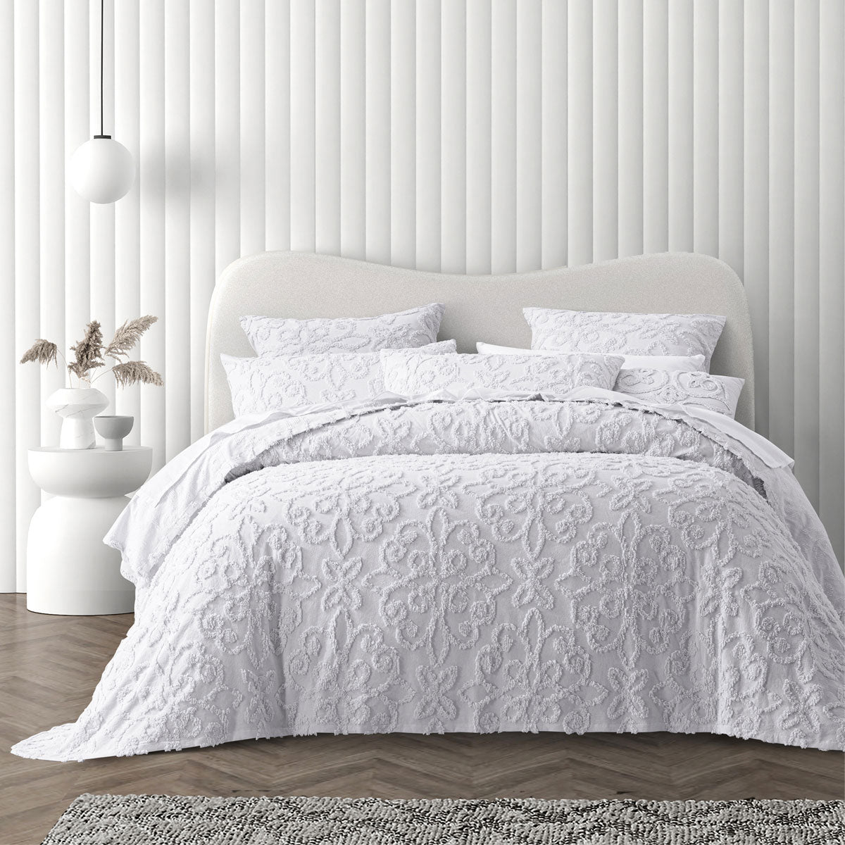 Bianca Ella White Cotton Chenille Floral Bedspread Set