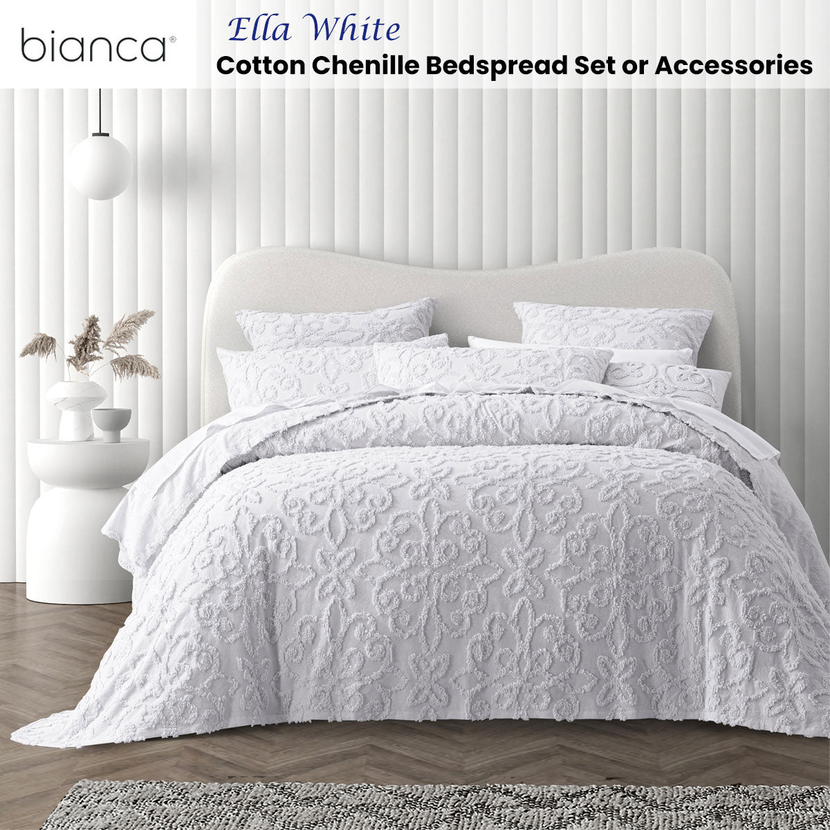 Bianca Ella White Cotton Chenille Floral Bedspread Set