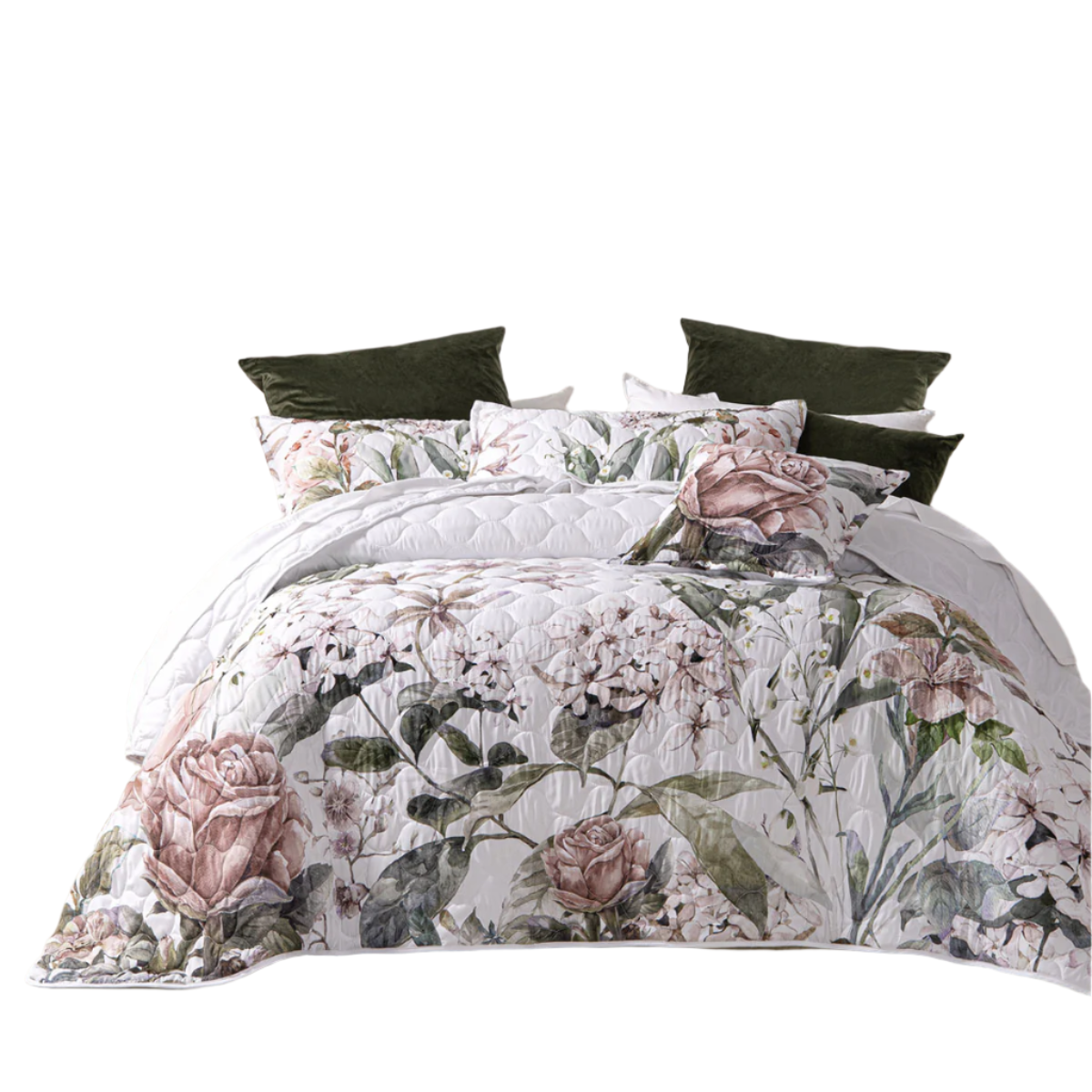 Bianca Lorna White Floral Printed Quilted Bedspread Set Super King