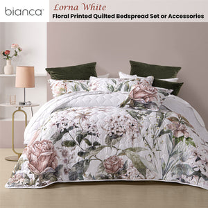 Bianca Lorna White Floral Printed Quilted Bedspread Set Super King